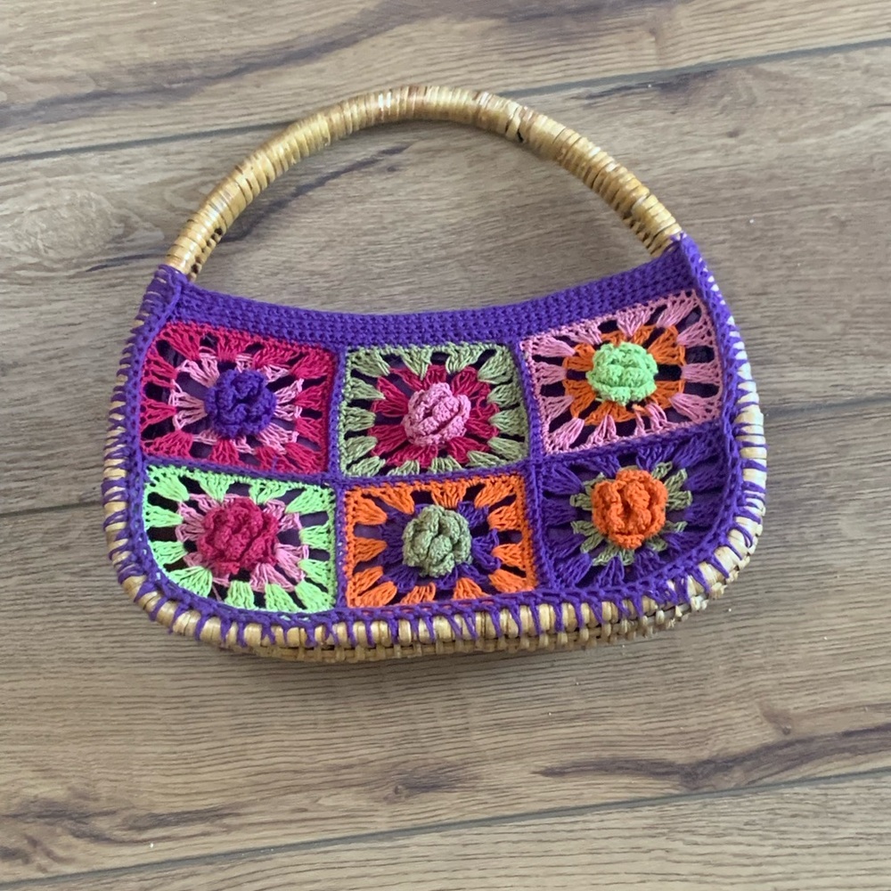 1970’s Crochet Embroidered Wicker Boho Handbag